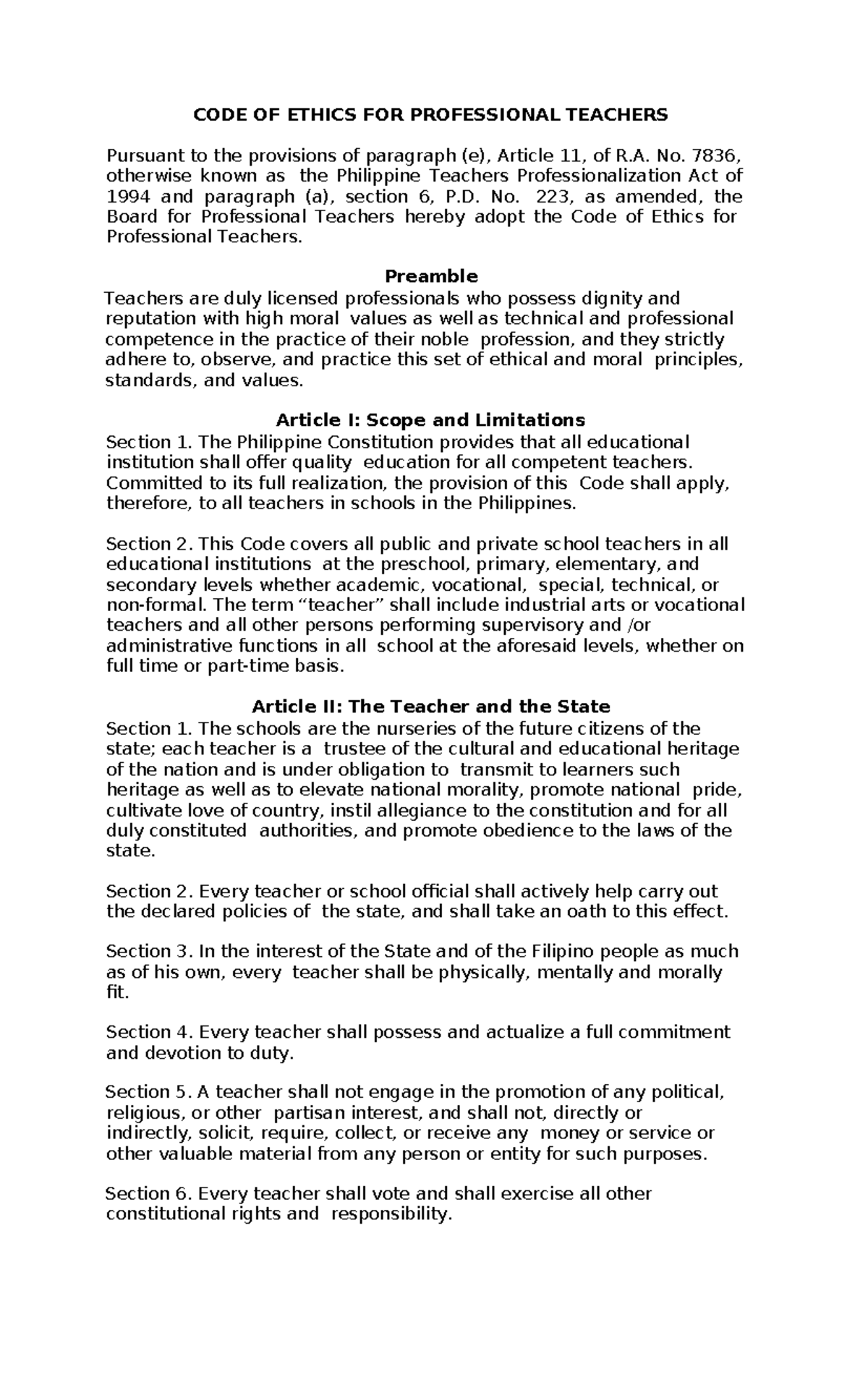 CODE OF Ethics FOR Professional Teachers - CODE OF ETHICS FOR ...