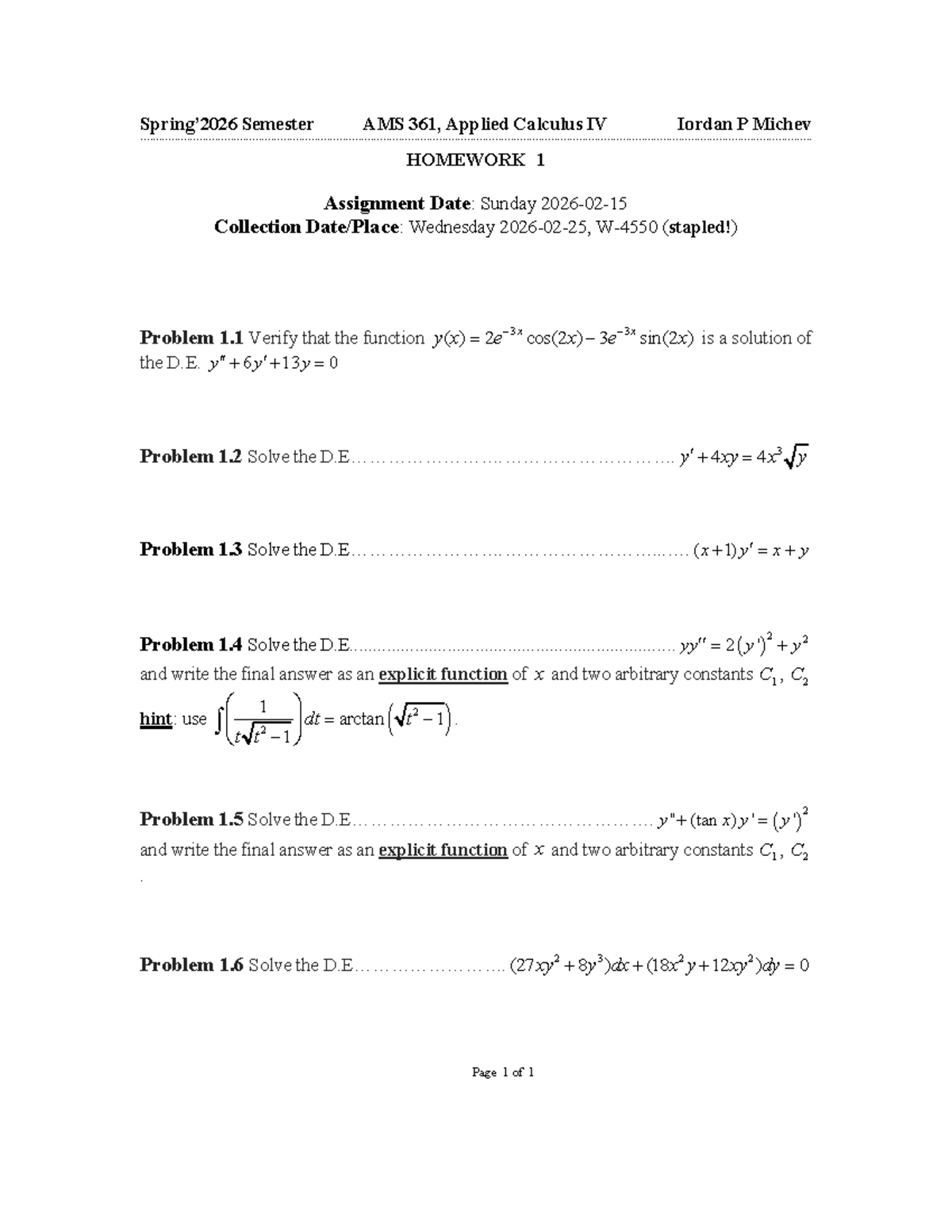 AMS 361 Applied Calculus IV - Homework 1 Solutions - Studocu