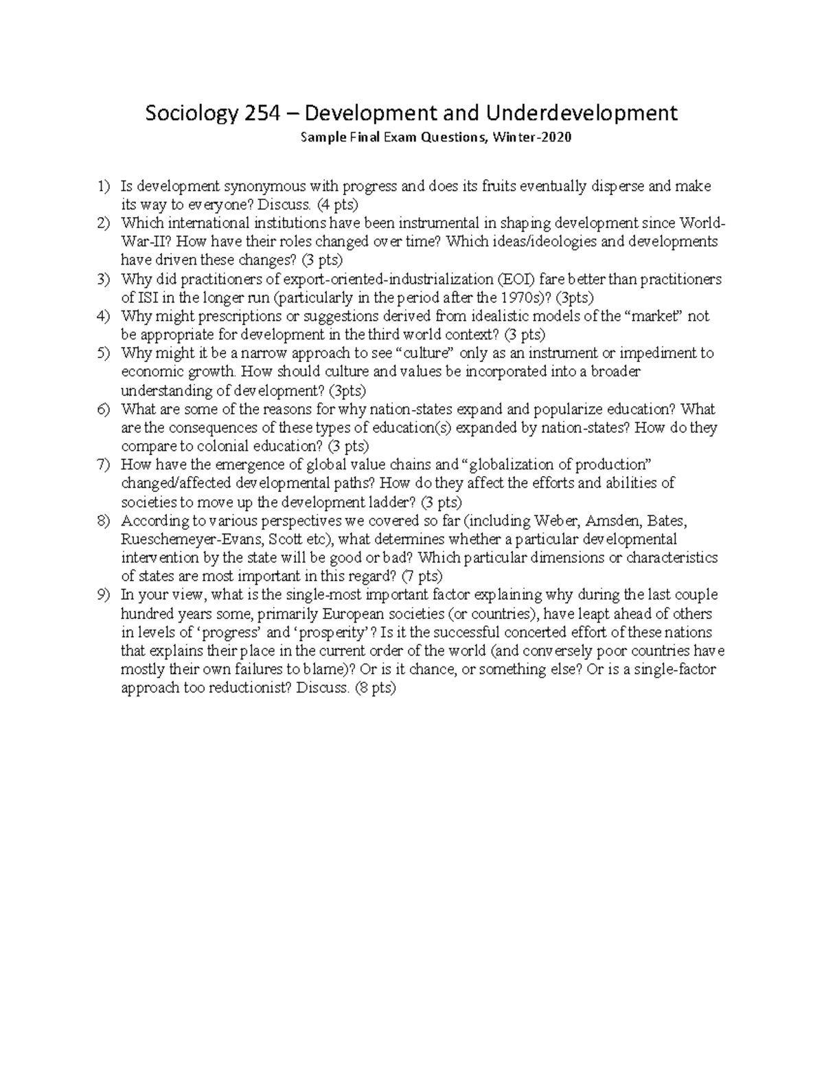 Final, sample questions - Sociology 254 Development and ...