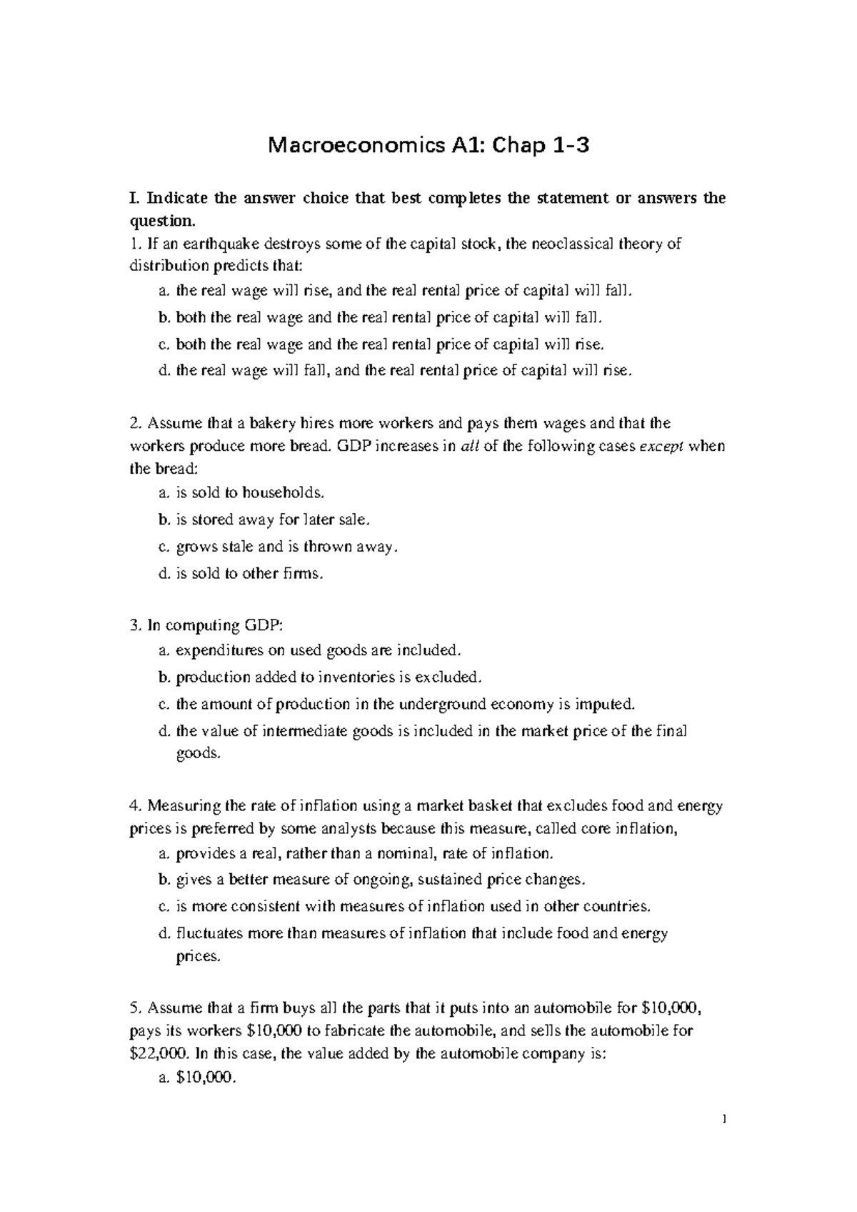 2021 A1-chap 1-3 - good - Macroeconomics A1: Chap 1- 3 I. Indicate the ...