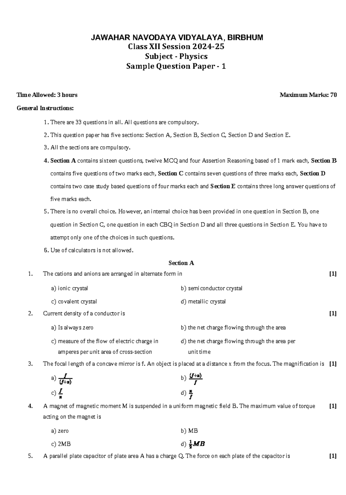 XIISc-SP-1 - Physics Comprehensive Question Paper for Final Exam - Studocu
