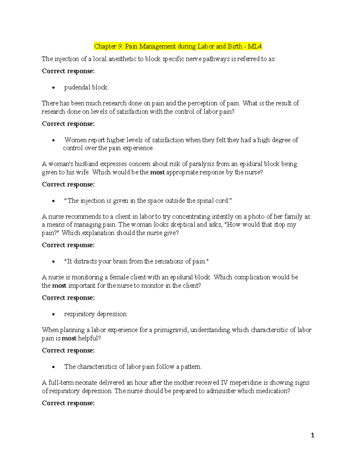 Chapter 9 - Effective Pain Management Techniques in Labor - ML4 - Studocu