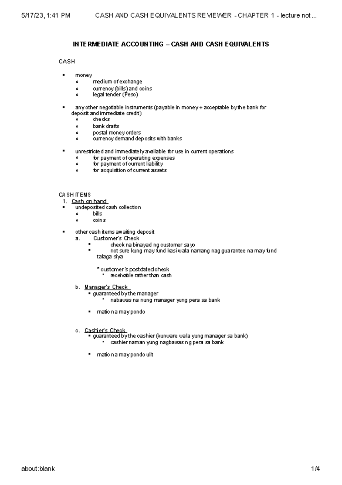 CASH & CASH EQUIVALENTS - Chapter 1 Lecture Notes for Intermediate ...