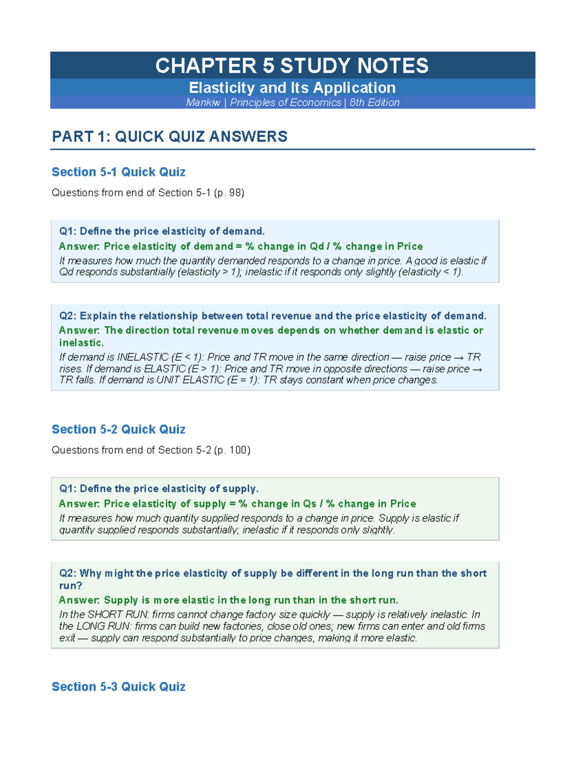 CHAPTER 5 STUDY NOTES: Elasticity & Applications - Mankiw Econ 8th Ed ...