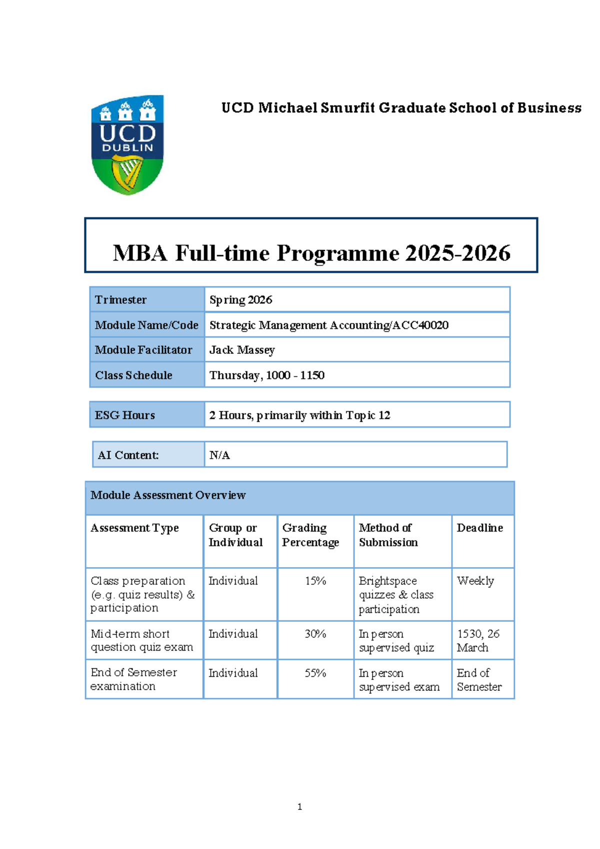 UCD MBA 2025-2026: Strategic Management Course Outline & Assessment ...