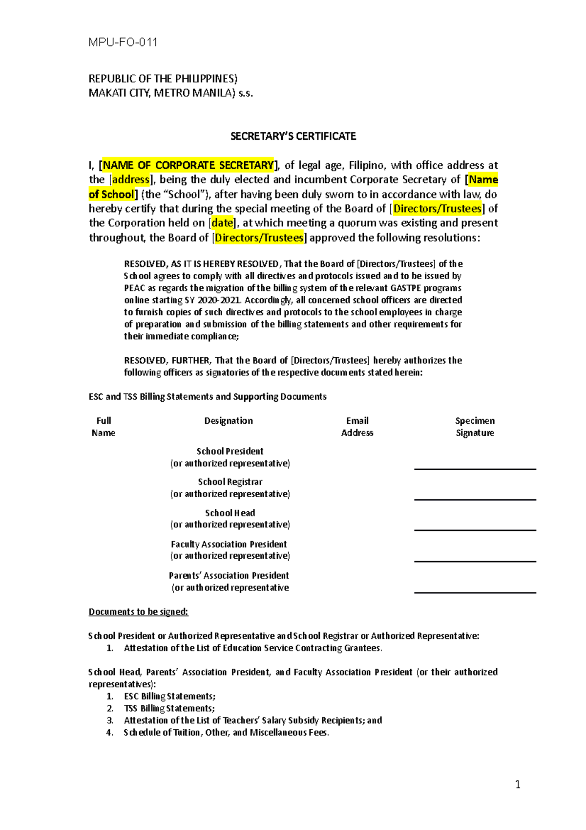 Secretary's Certificate for Signatory Assignment in ESC & TSS Program ...