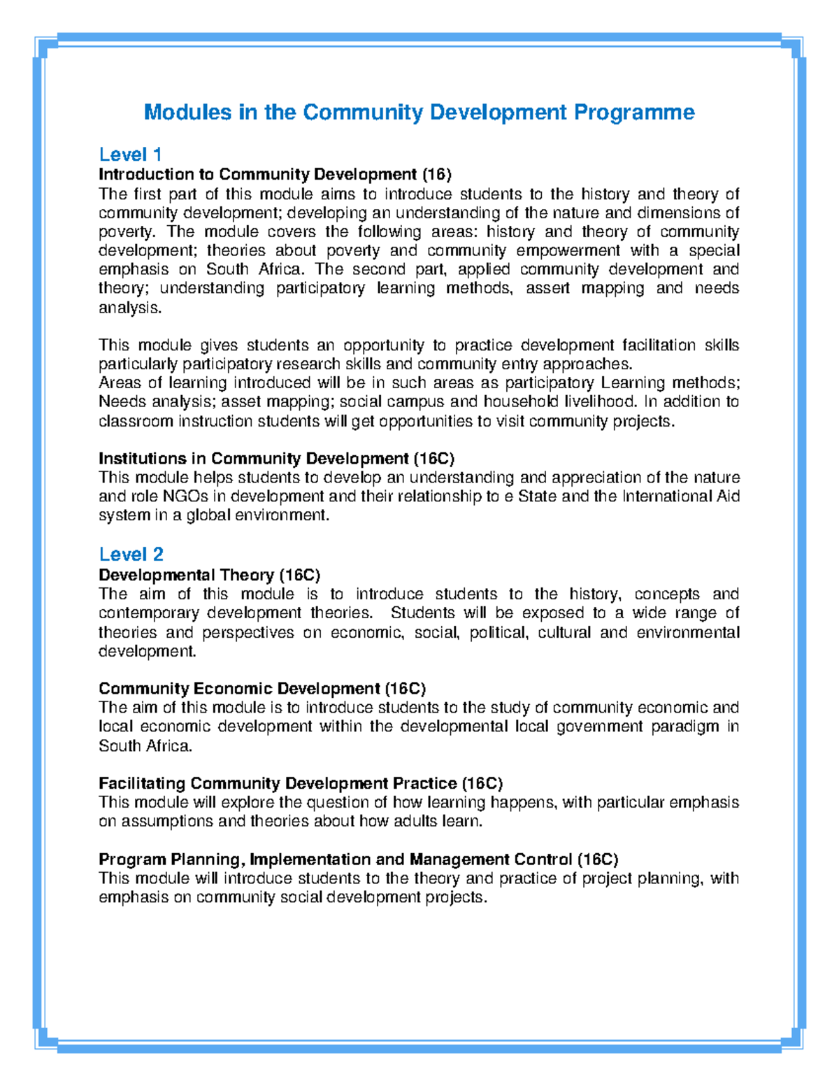 Community Development Modules Overview: Levels 1 & 2 (16C) - Studocu