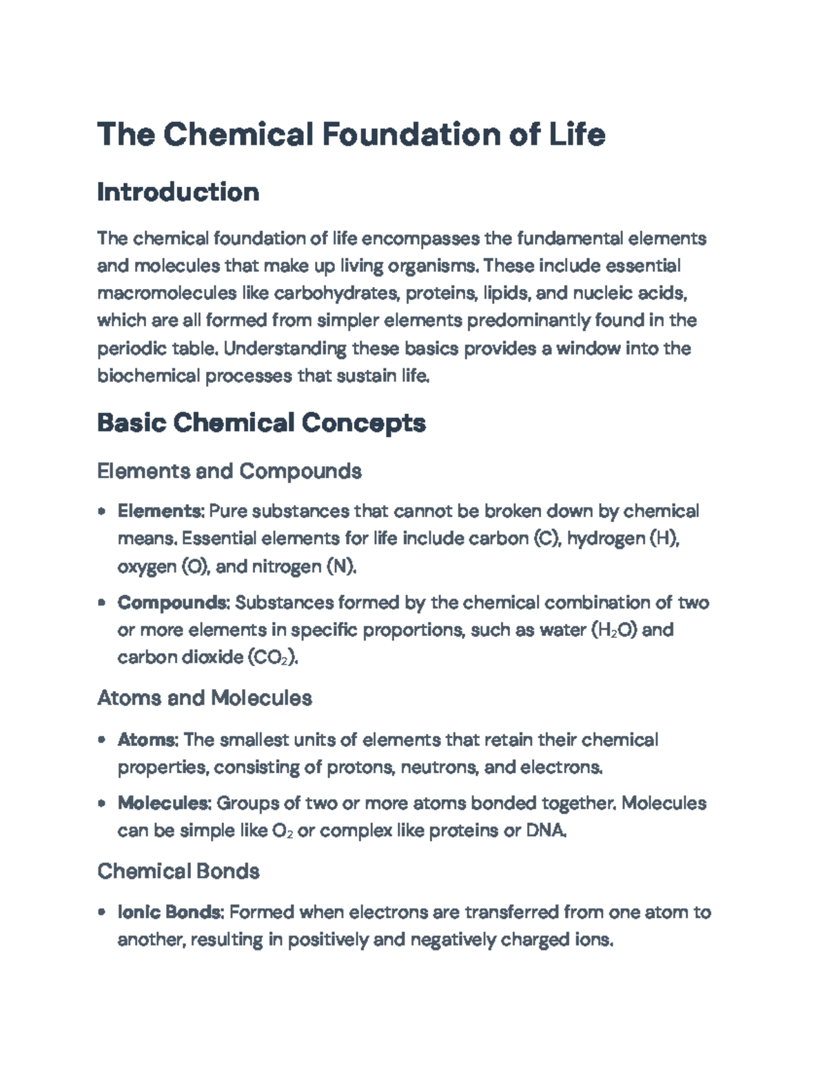 Chemical Foundations of Life: Essential Elements and Biochemical ...