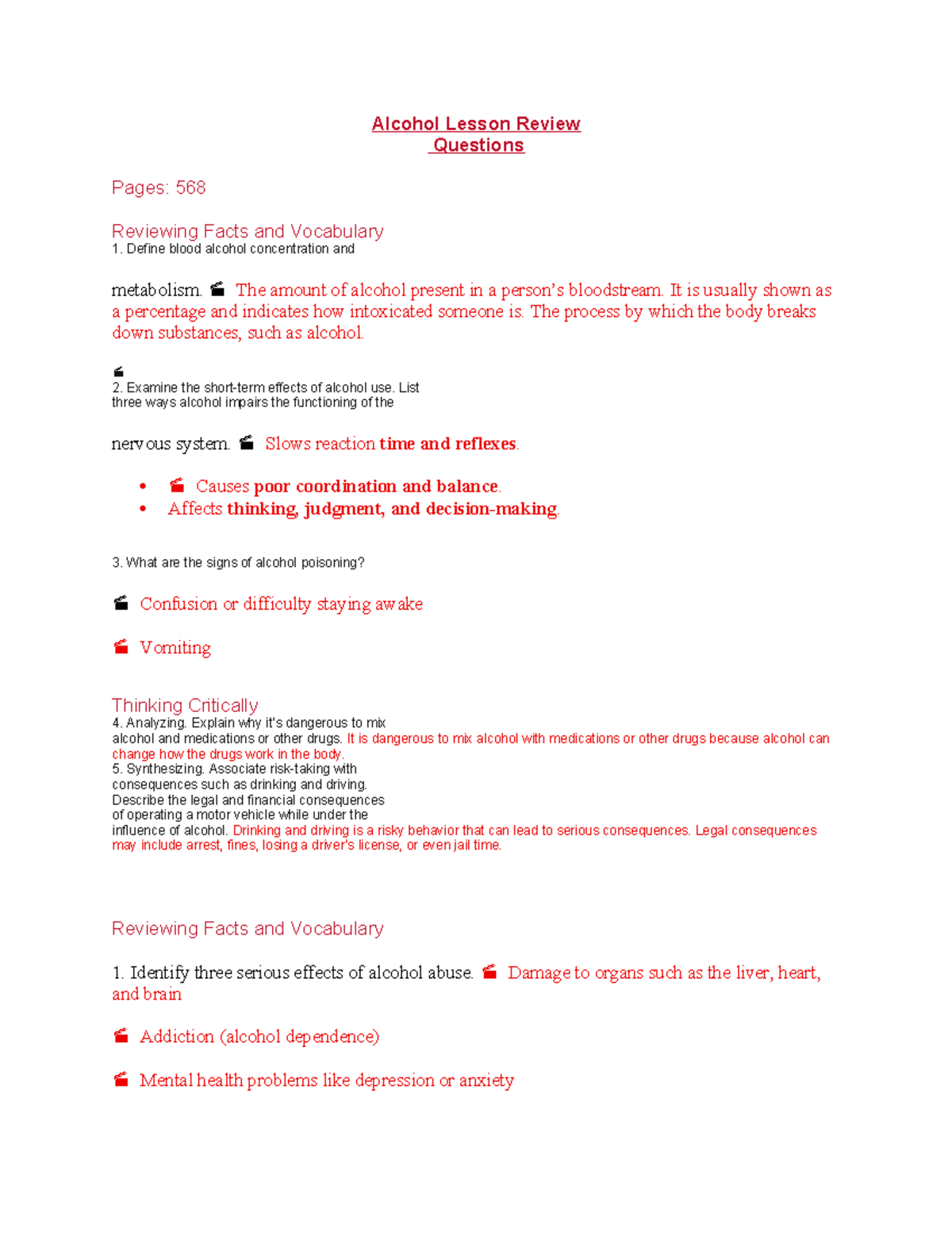 Alcohol Lesson Review Questions: Key Facts & Vocabulary - Studocu