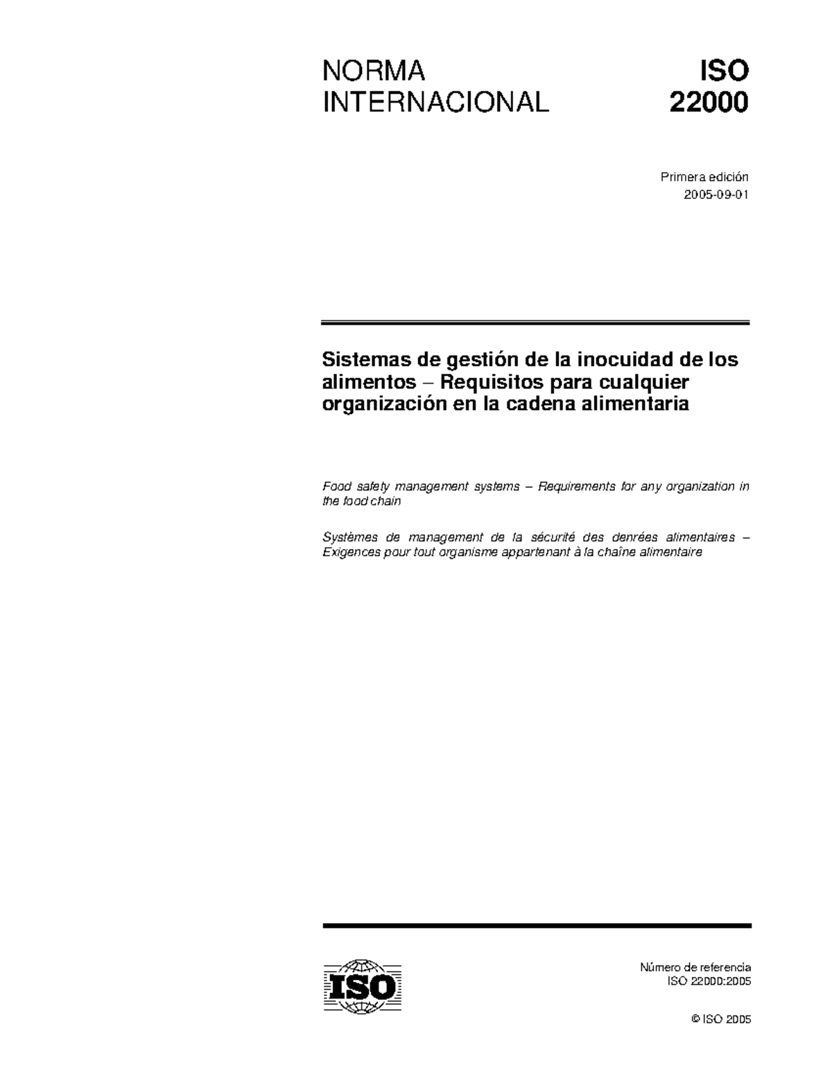 ISO 22000:2005 Sistemas de Gestión de Inocuidad de Alimentos - Studocu