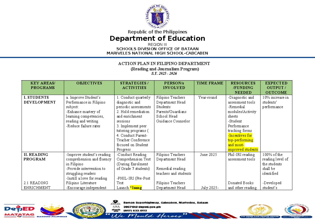Action Plan for Filipino Reading Program S.Y. 2025-2026 - Studocu