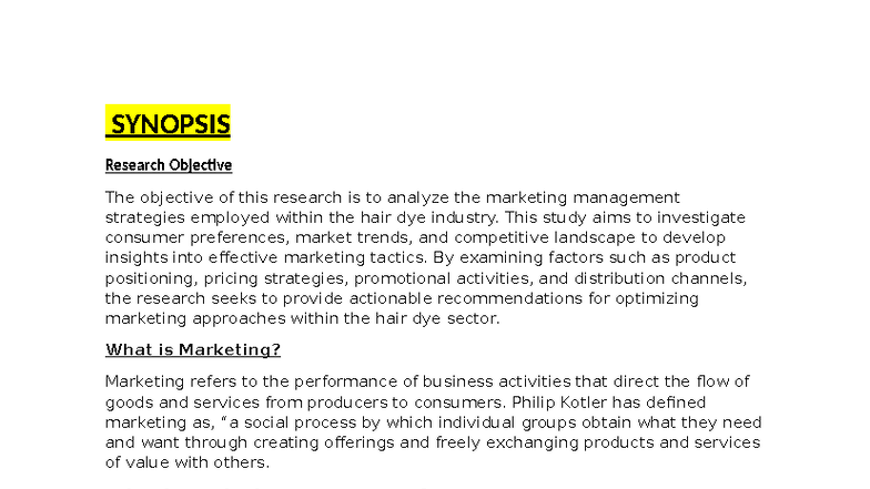 SYNOPSIS: Marketing Management Strategies in Hair Dye Industry (BST 101 ...