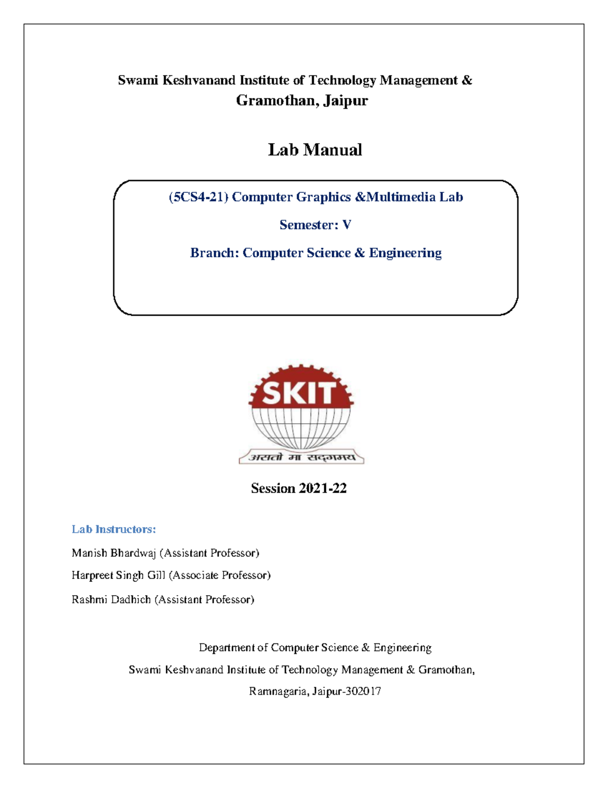 Lab Manual CGMT 5CS4 21 1 11 2022 - (5CS4-21) Computer Graphics ...