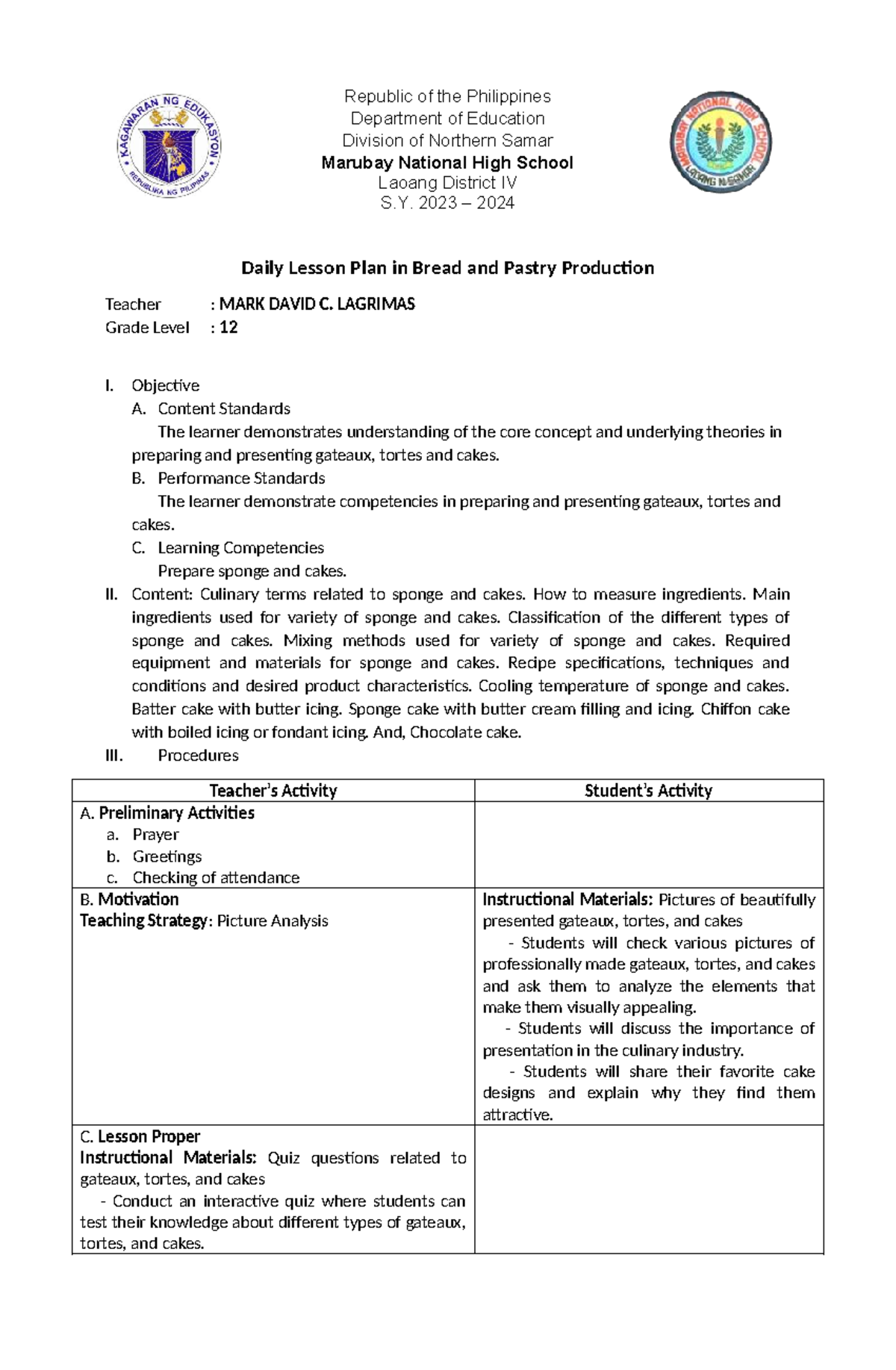 Daily Lesson Plan for Bread and Pastry Production (BPP 12) - Studocu