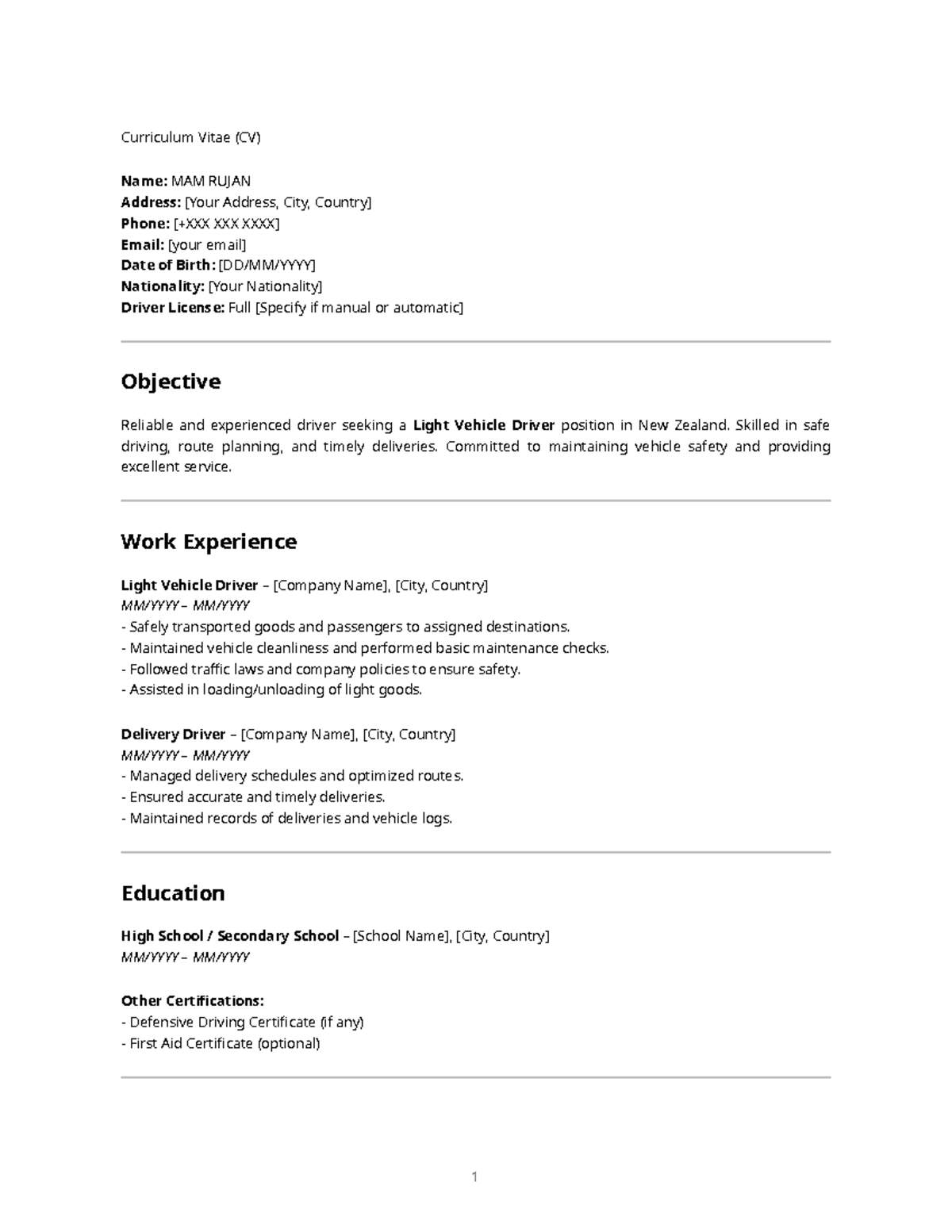 NZ Driver CV - Light Vehicle Driver Position Application - Studocu