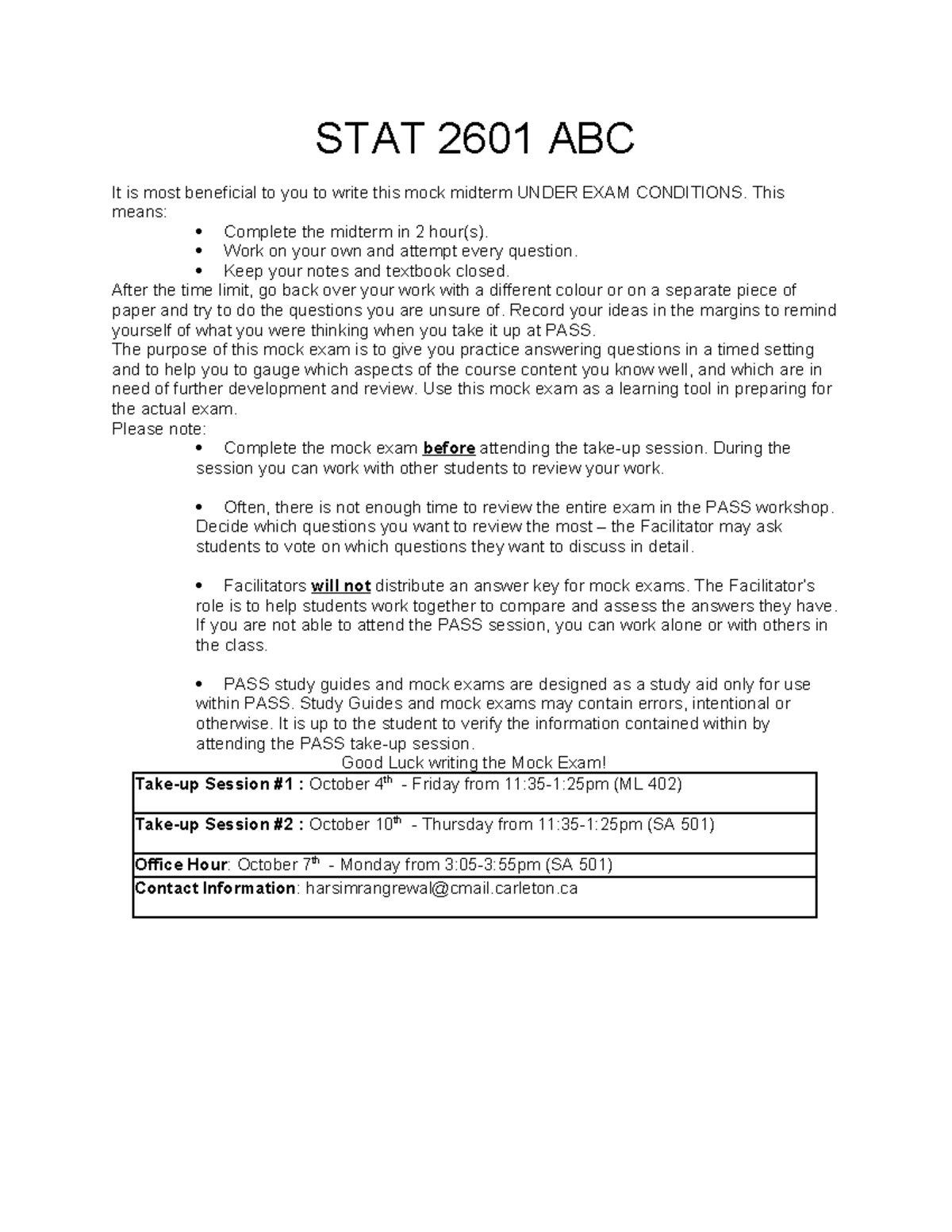 Mock midterm exam preparation for STAT 2601 ABC - Studocu