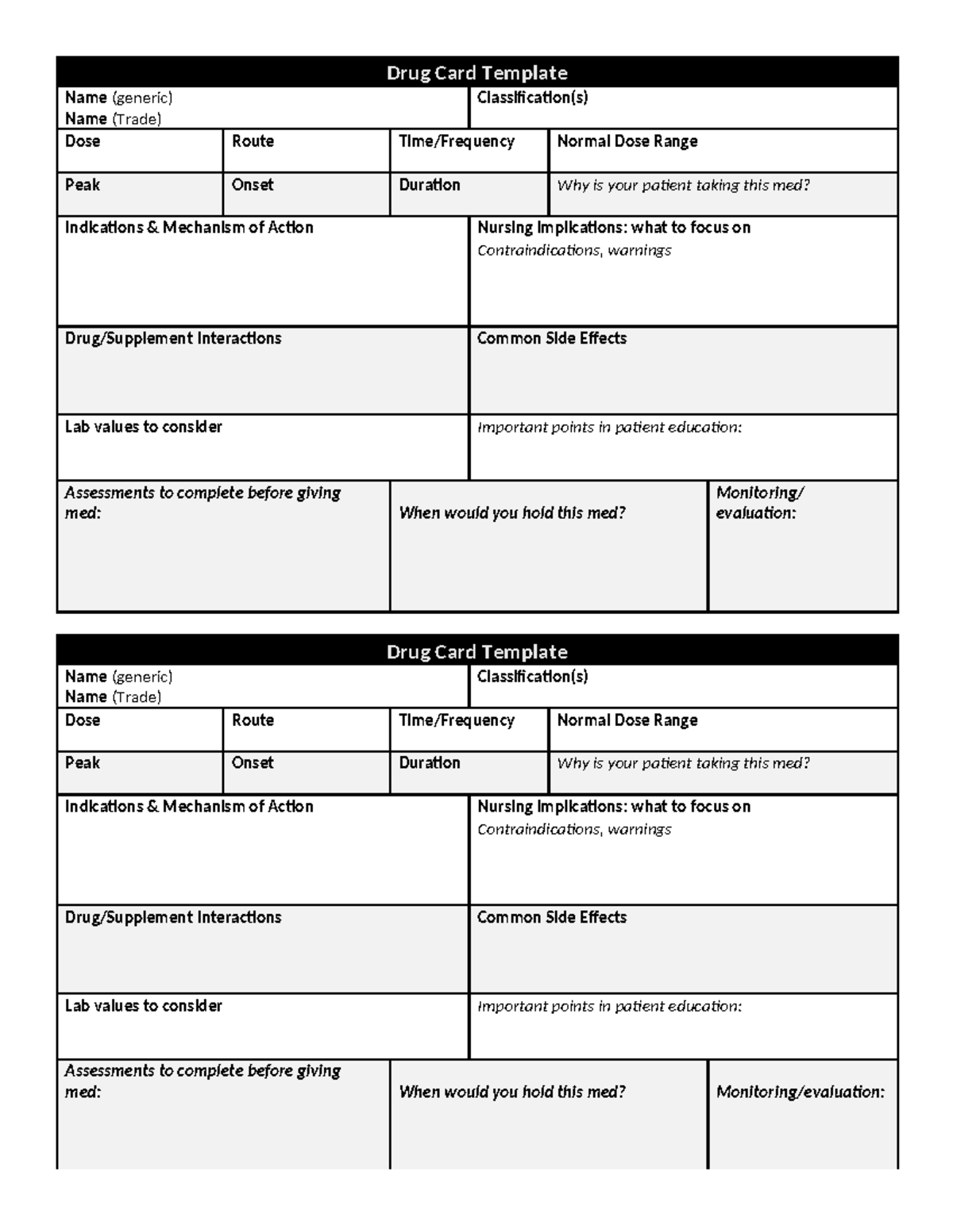 Drug Card Template - Homework for Pharmacology Course - Studocu