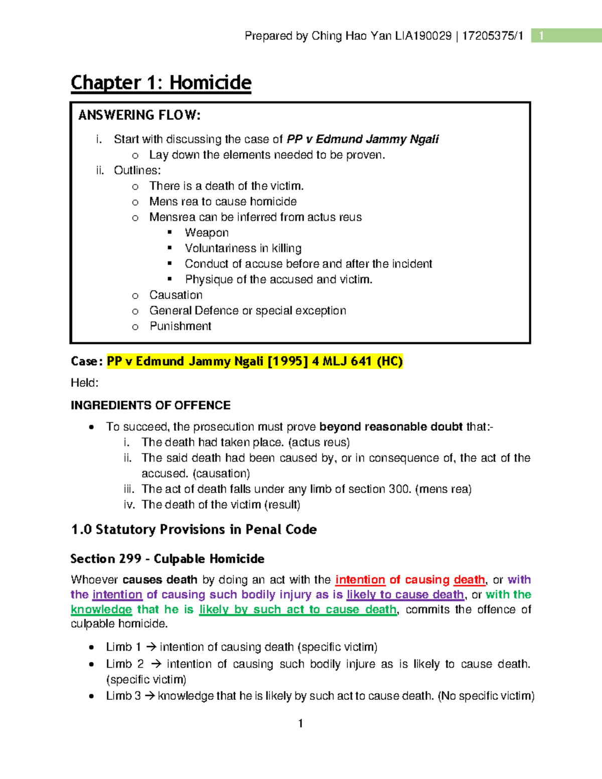 LIA190029 Chapter 1: Homicide - Key Elements and Case Analysis - Studocu
