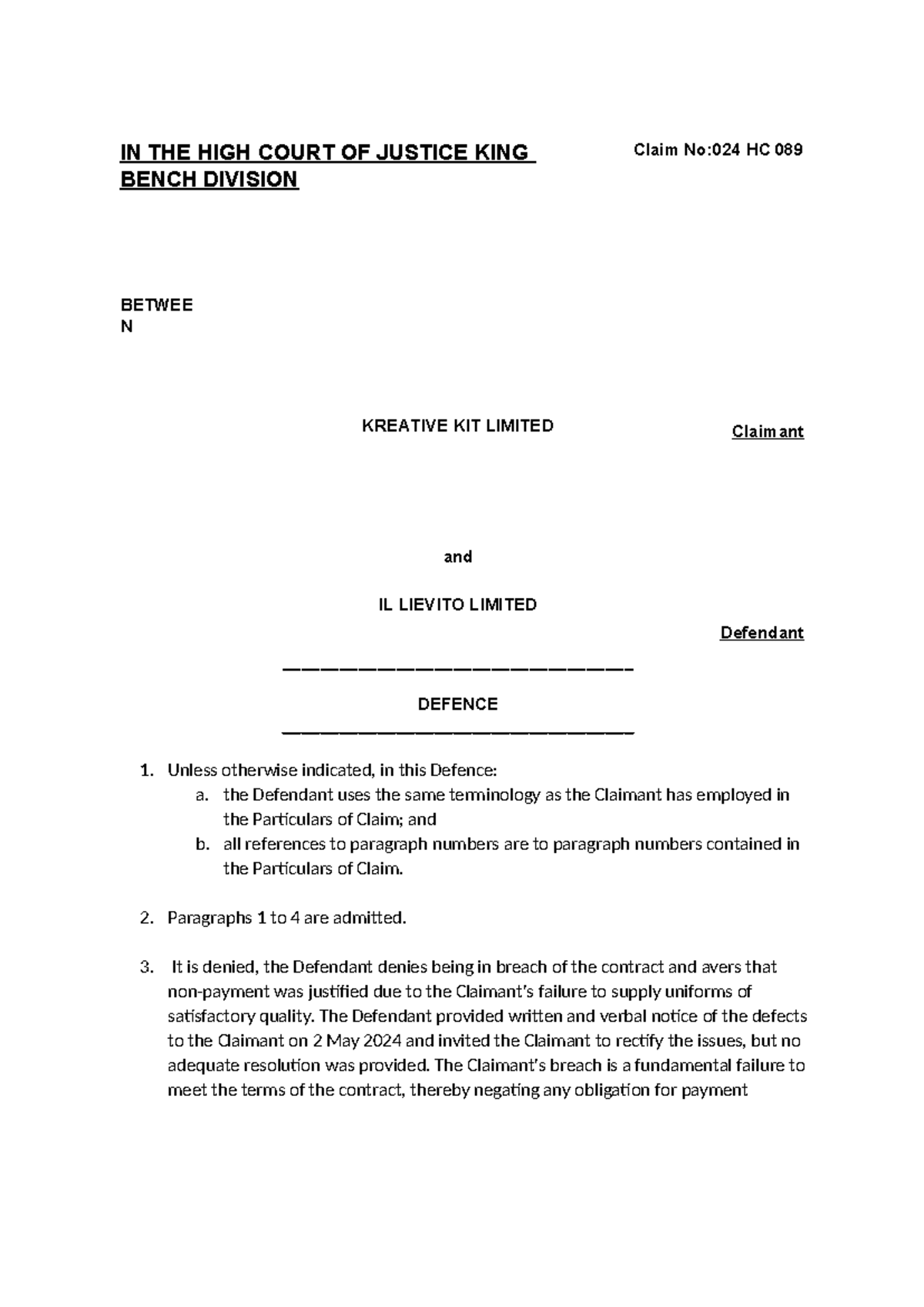 Drafting Defence - Claim No: 024 HC 089 - Kreative Kit Ltd vs Il ...