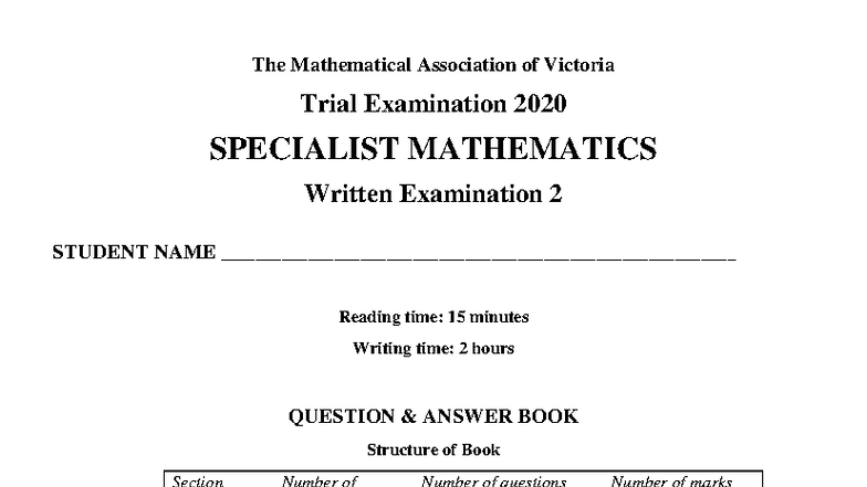 Specialist Mathematics VCE Exam 2 - Past Paper 2020 - Studocu