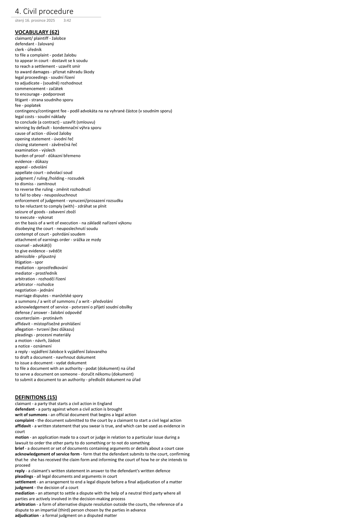 4. Civil Procedure Vocabulary & Definitions for Exam Prep - Studocu