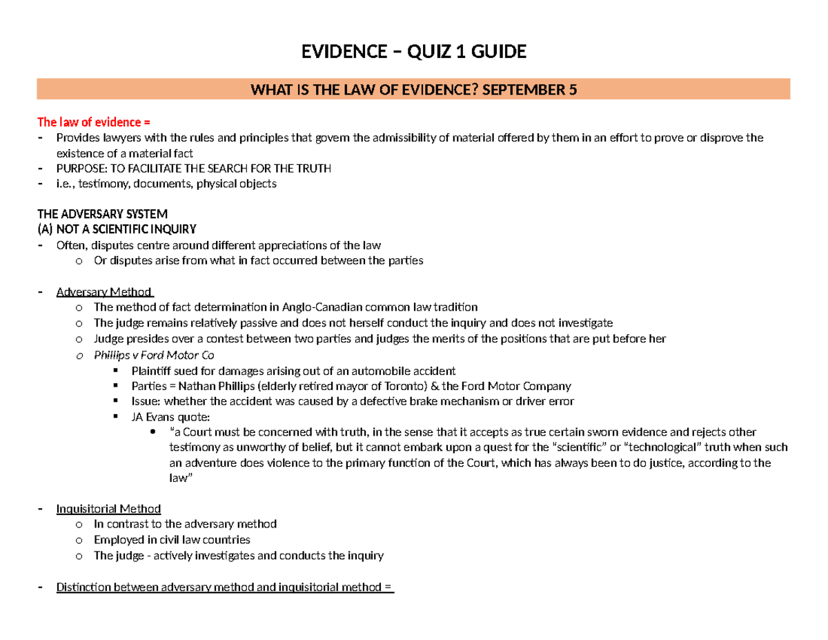 Evidence - Quiz 1 Guide - EVIDENCE – QUIZ 1 GUIDE WHAT IS THE LAW OF ...