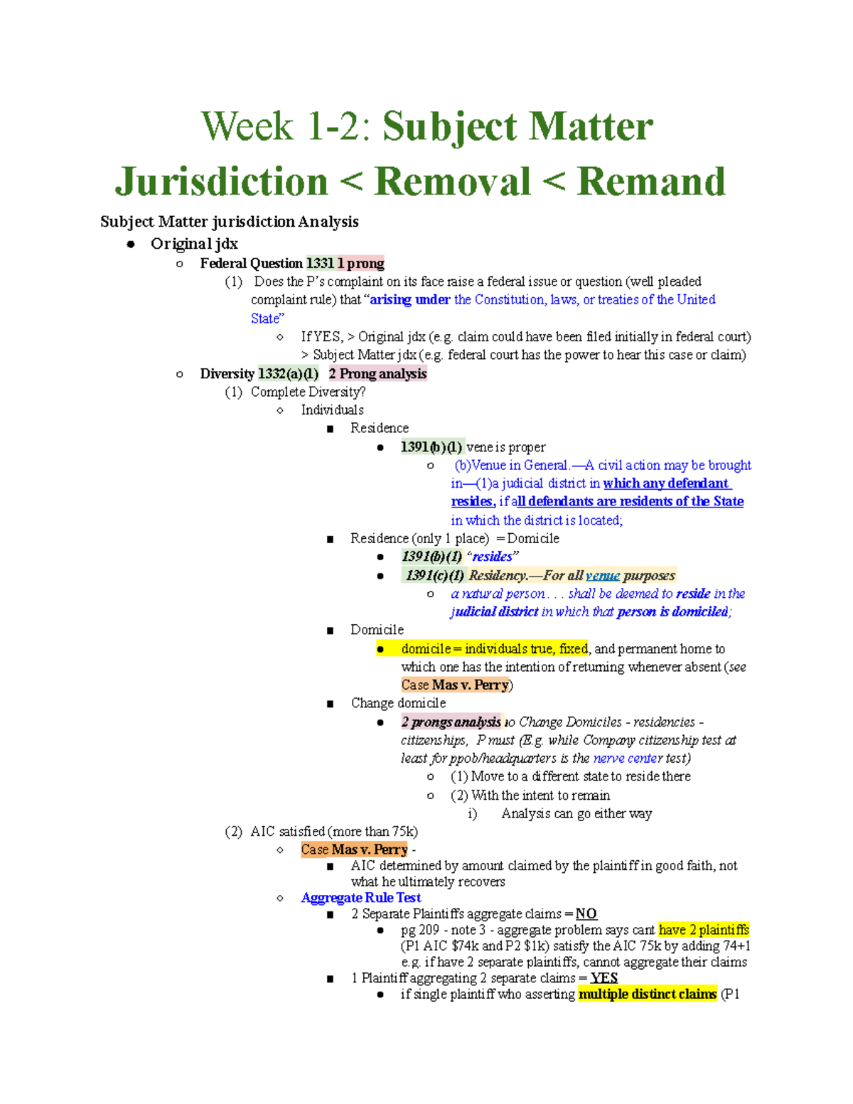Civil Procedure CIV 101: Final Exam Attack Outline on Jurisdiction ...