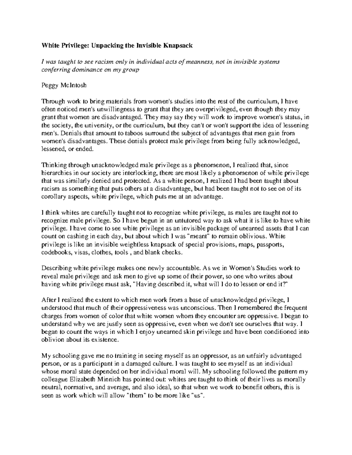 White Privilege - Peggy Mc Intosh(1) - White Privilege: Unpacking the ...
