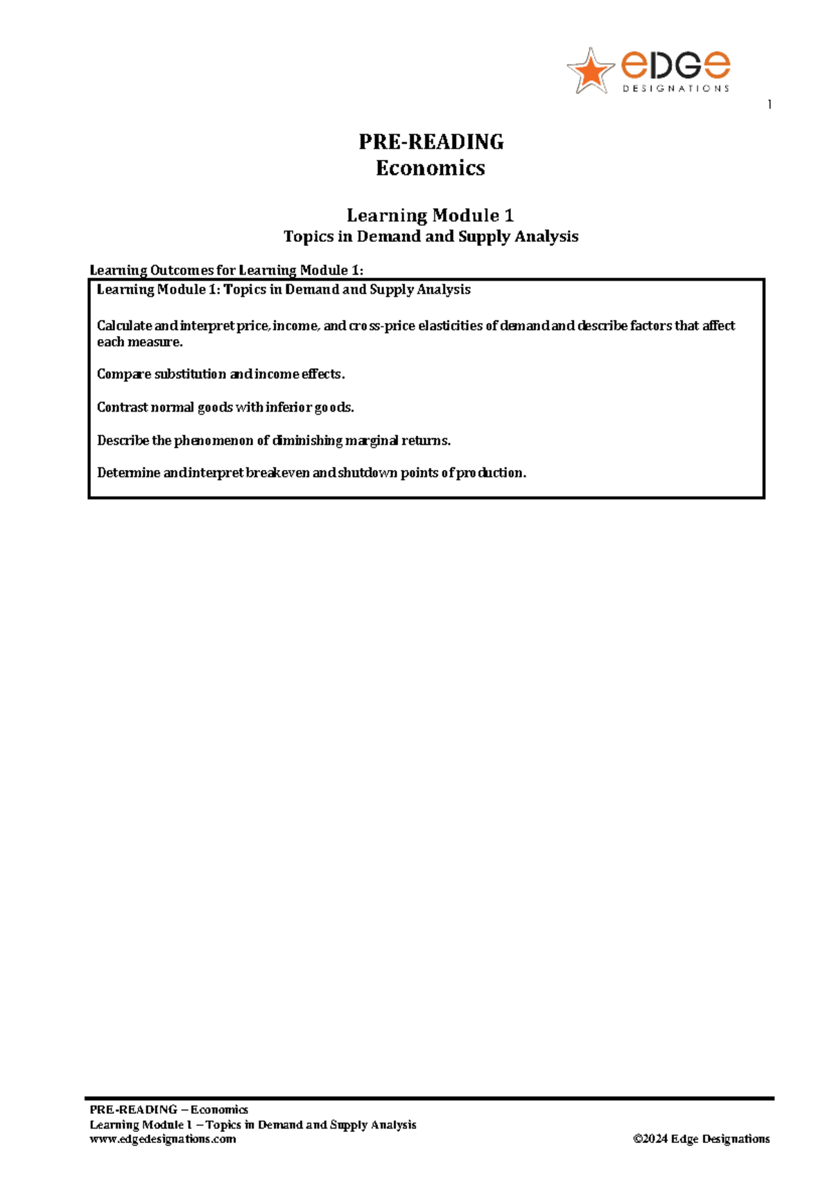 Economics LM 1: Demand & Supply Analysis Pre-Read Notes 2024 - Studocu