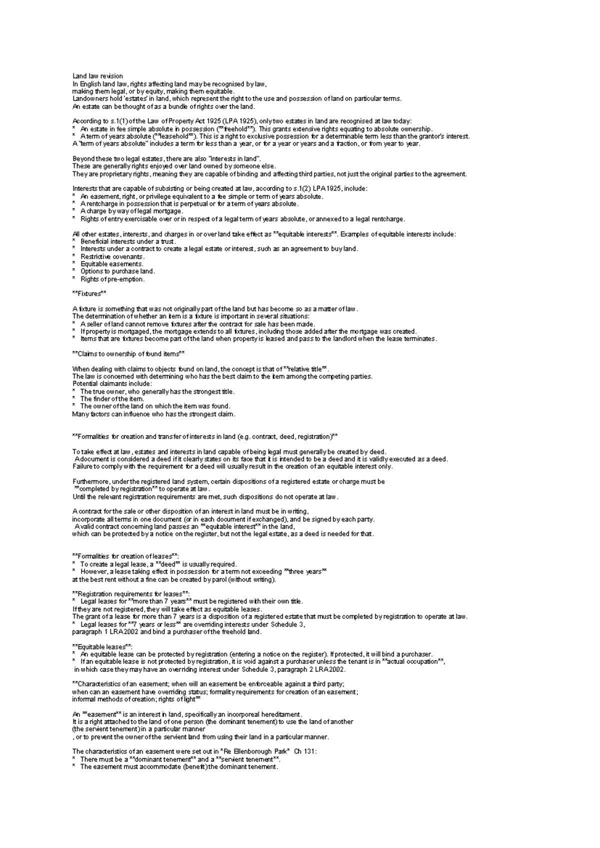 Land Law Revision Notes: Key Concepts and Legal Frameworks - Studocu