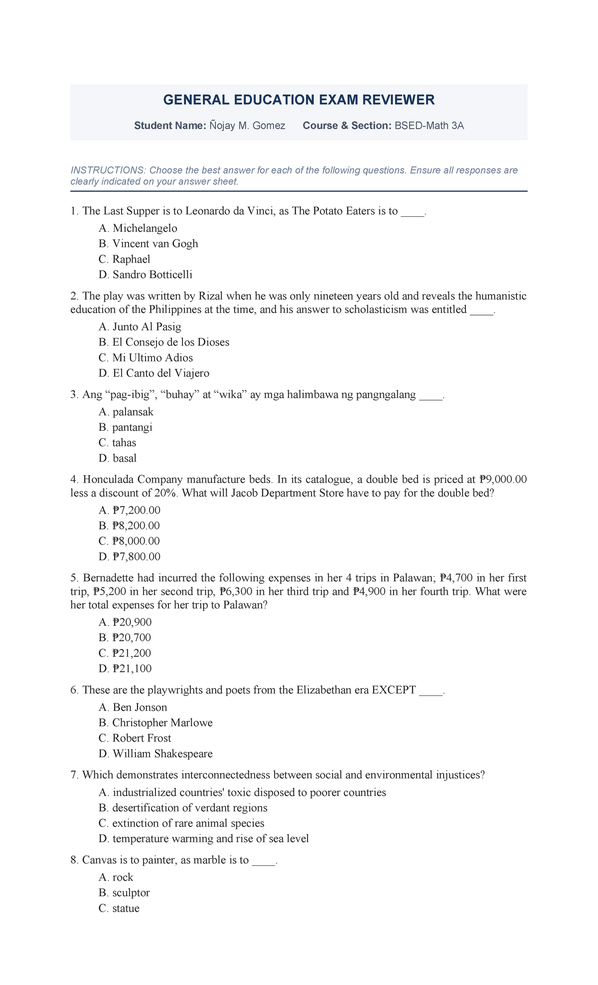 Gen Ed Exam Reviewer 3A: Comprehensive Study Guide - Studocu