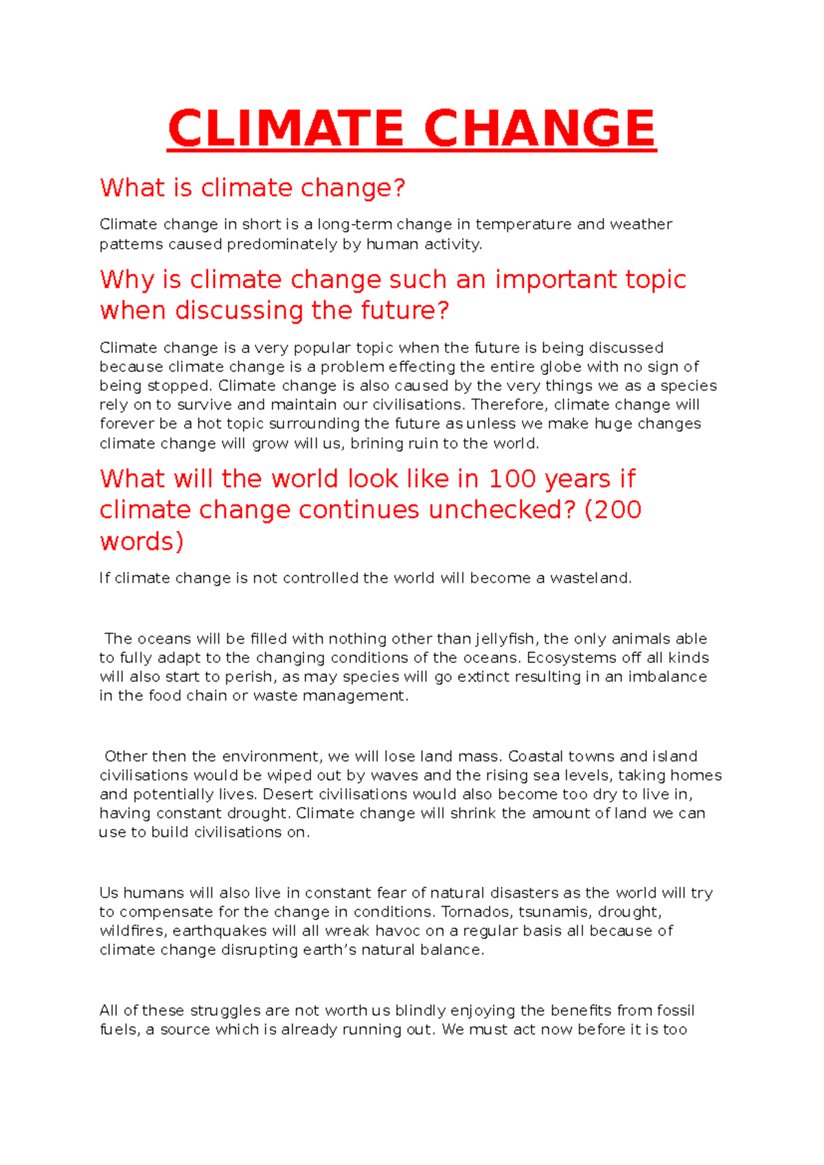 CLIMATE CHANGE: The Future Impact and Personal Reflections - Studocu