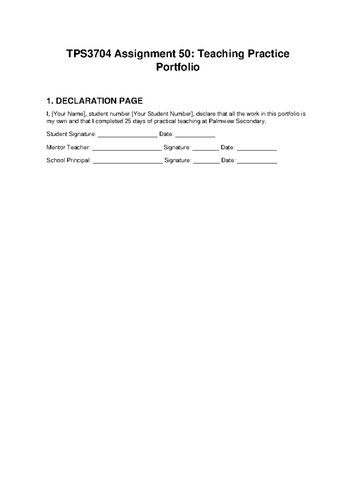 TPS3704 Assignment 50: Teaching Practice Portfolio Overview - Studocu