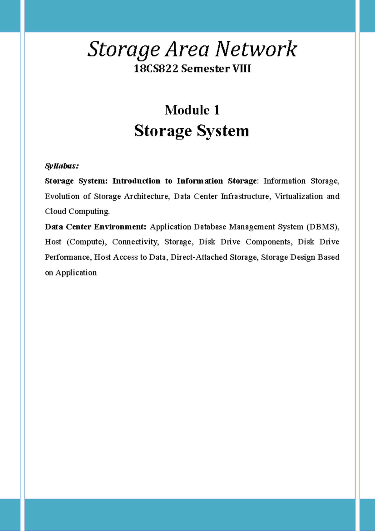 18CS822 SAN Module 1 - SAN Notes - Storage Area Network 18CS822 ...