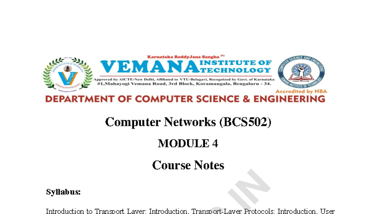 Computer Networks (BCS502) Module 4: Transport Layer Overview - Studocu