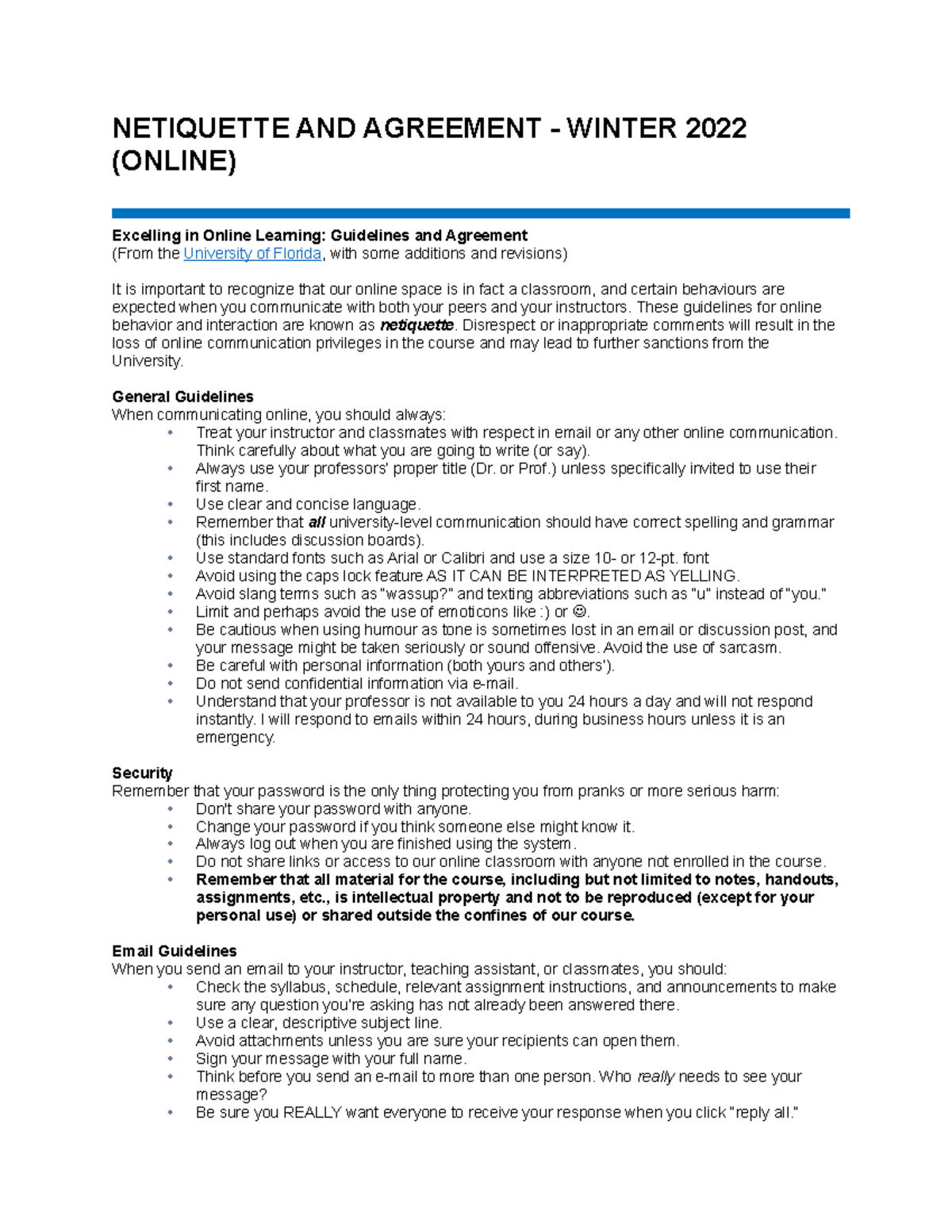 Netiquette Agreement Guidelines for Online Learning - WINTER 2022 - Studocu
