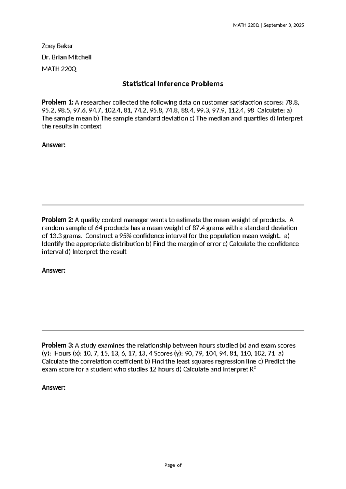 MATH 220Q Statistical Inference Problems and Solutions - Studocu