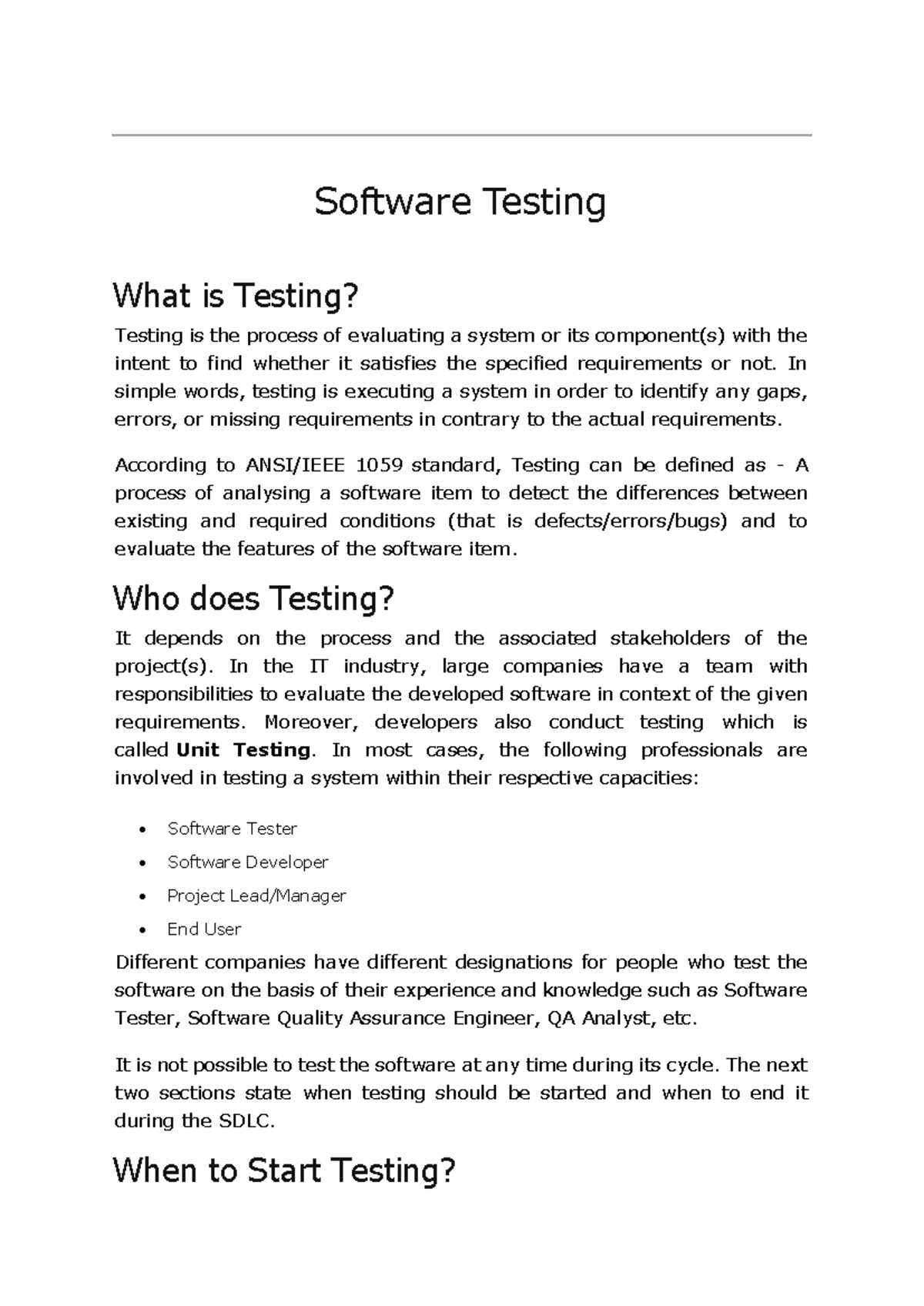 Unit 3, Part 1- Software Testing - Software Testing What is Testing ...