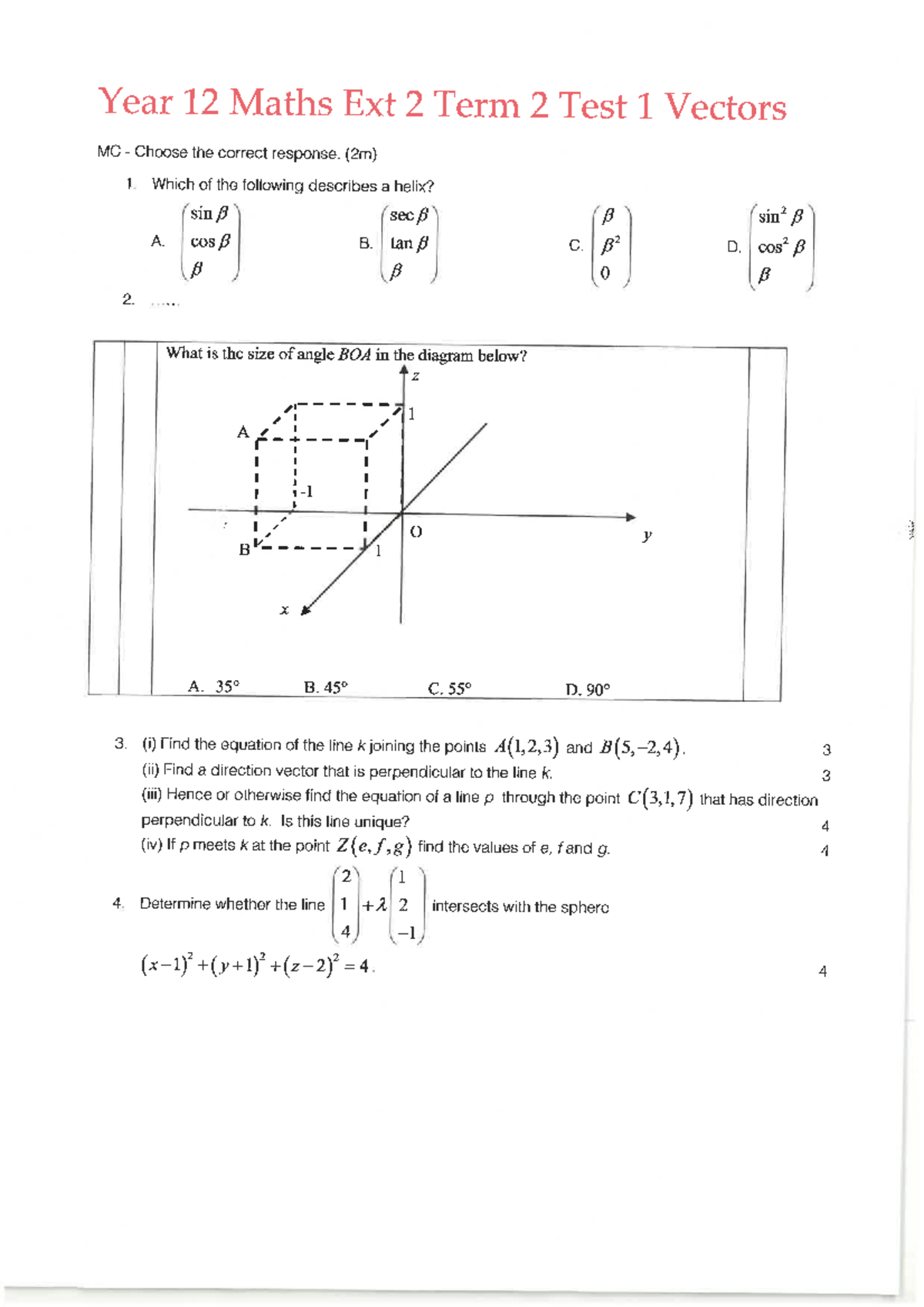 Y12 Maths Ext 2 Term 2 Test 1: Vectors with Solutions - Studocu