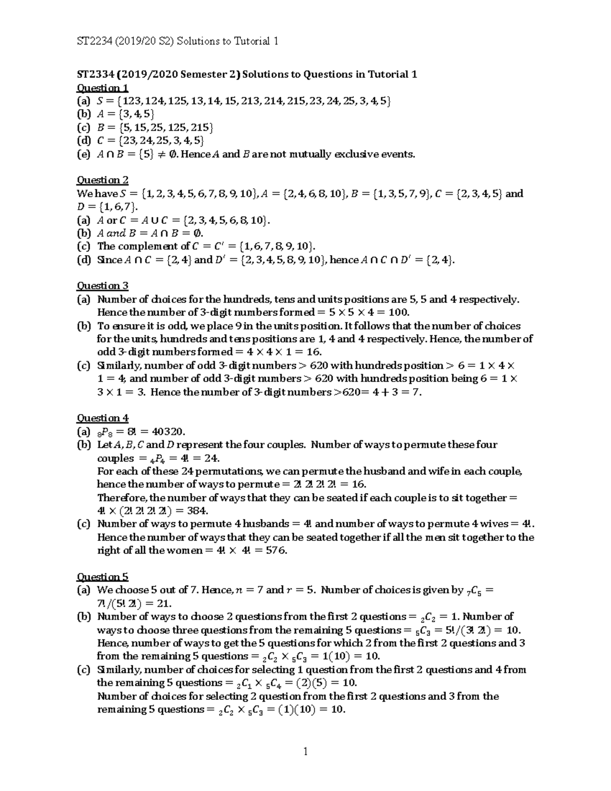 ST2334 (2019/20 S2) Complete Solutions for Tutorial 1 - Studocu