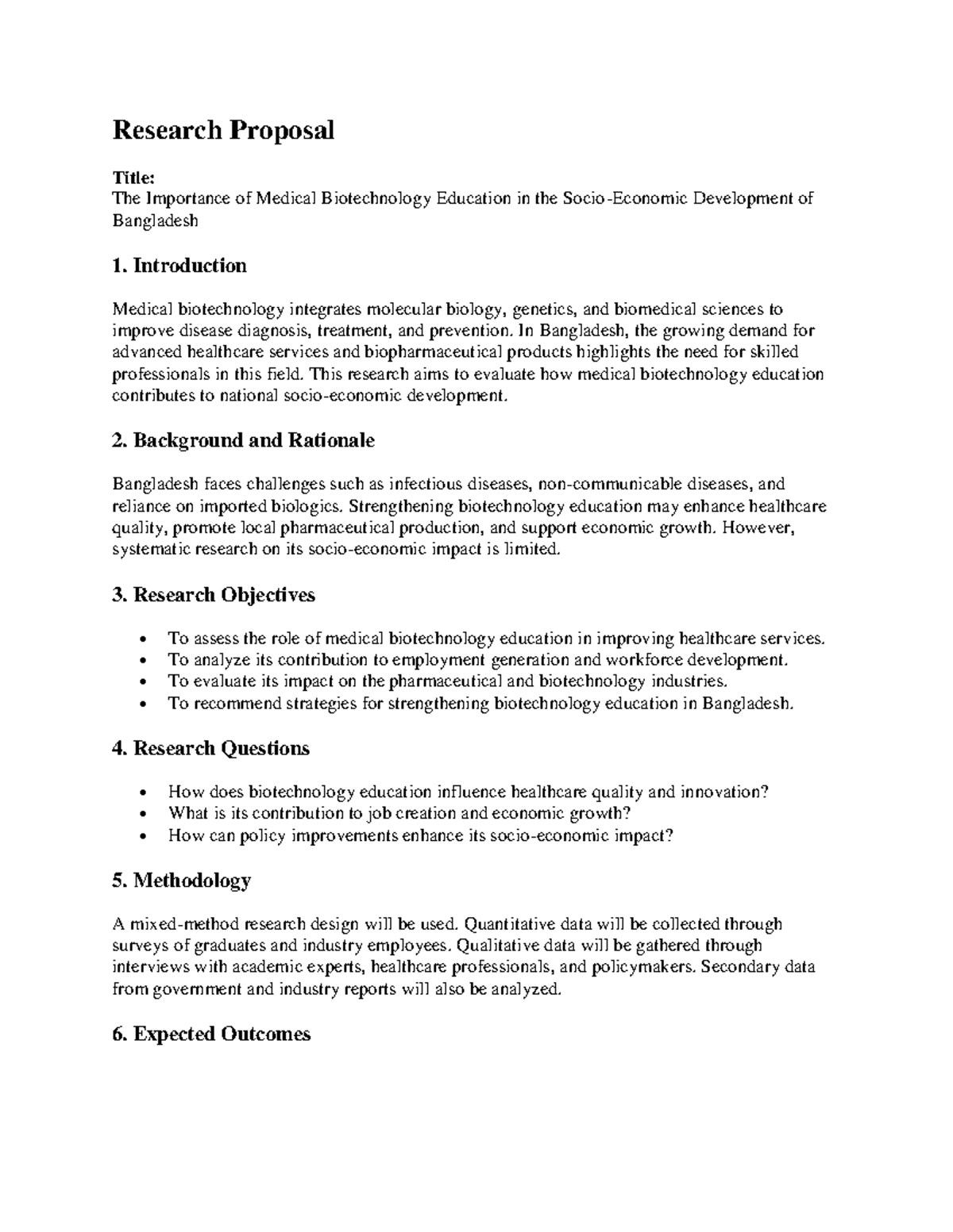 Research Proposal: The Role of Medical Biotechnology Education in BD ...