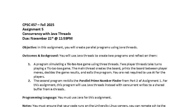 CPSC 457 Fall 2025 Assignment 5: Concurrency with Java Threads - Studocu