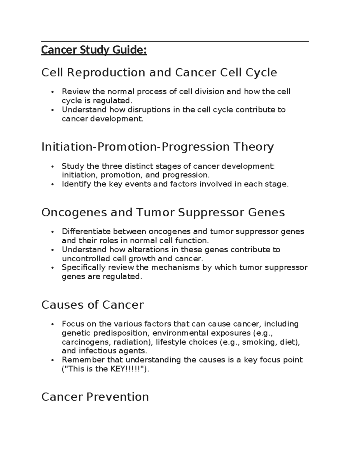 Cancer Study Guide: Cell Cycle, Tumors, and Prevention Strategies - Studocu