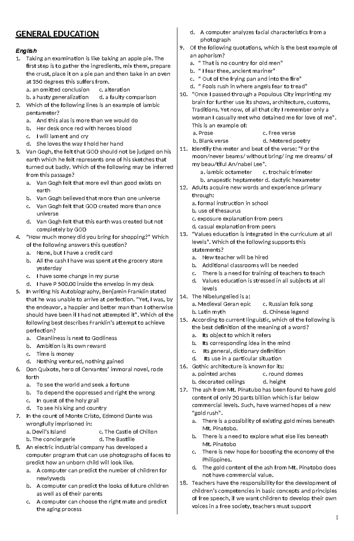 GEN ED 1 Final Exam Reviewer: Comprehensive Study Guide - Studocu