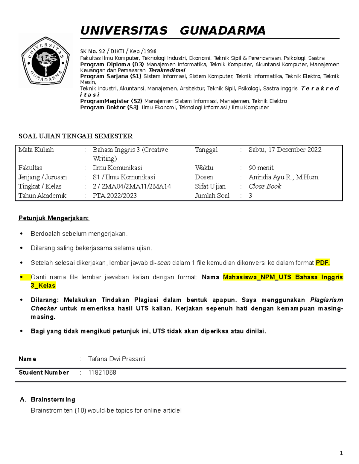 UTS Bahasa Inggris 3 (Creative Writing) - Tafana Dwi Prasanti - 2MA04 ...