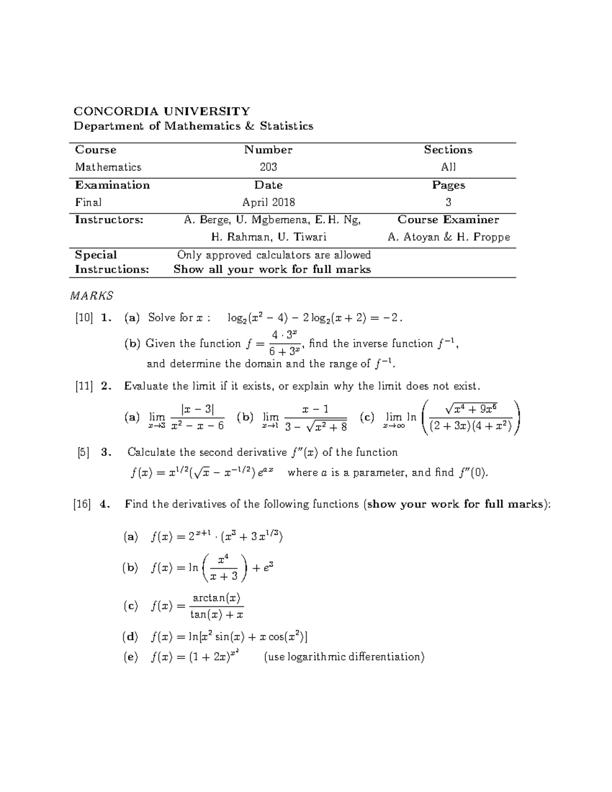 2018 Winter Final - CONCORDIA UNIVERSITY Department of Mathematics ...