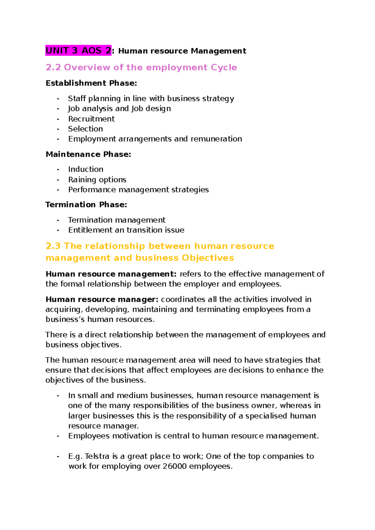UNIT 3 AOS 2: Overview of Human Resource Management and Motivation ...
