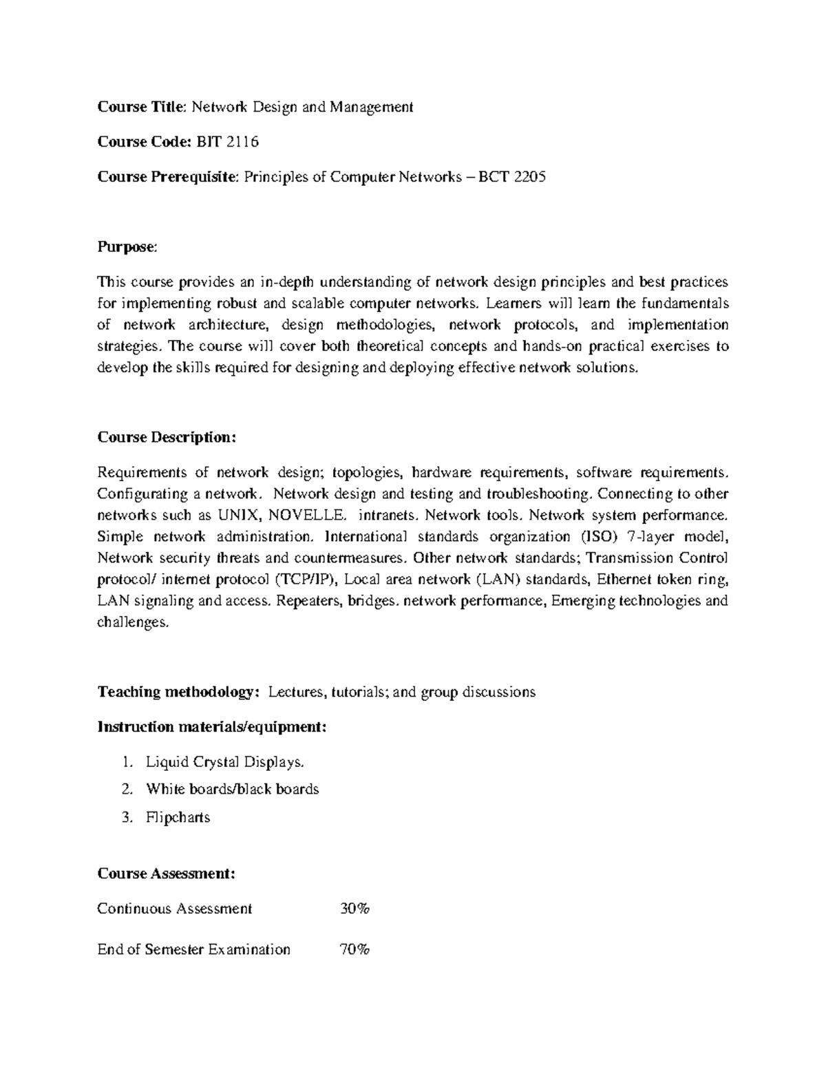 BIT 2116 Network Design & Management Course Outline and Overview - Studocu