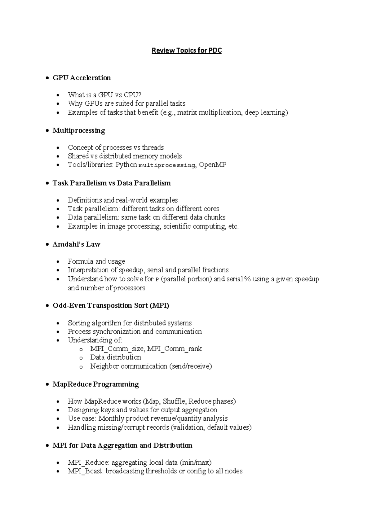 Review Topics for PDC - GPU Acceleration and Parallel Computing - Studocu