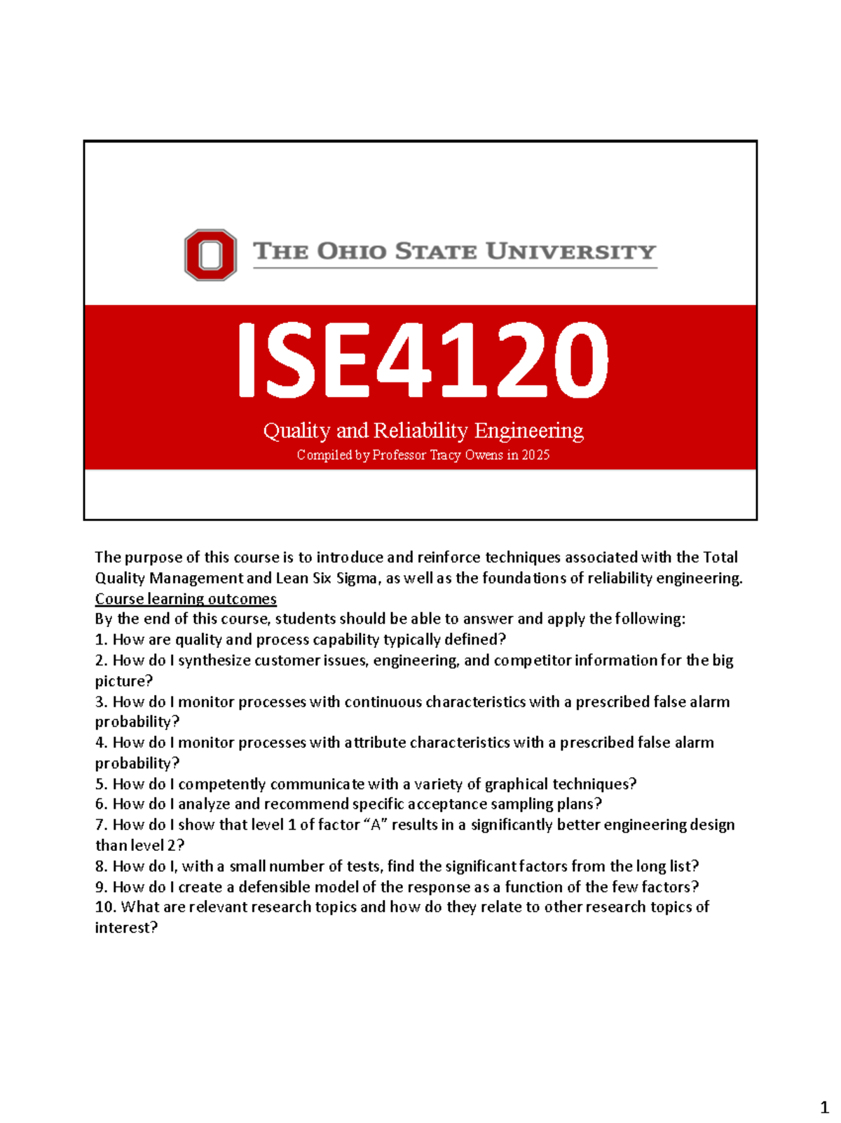 ISE4120 Quality & Reliability Engineering Course Notes 2025 - Studocu